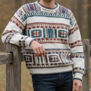 Vintage Northern Isles Hand Knit Sweater Geometric Stripe Ramie Cotton M